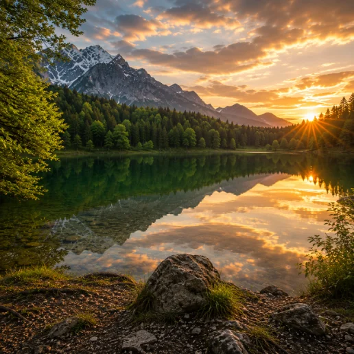 Ein See im Sonnenuntergang gesäumt von Bergen und Wald. Der Himmel spiegelt sich im Wasser.