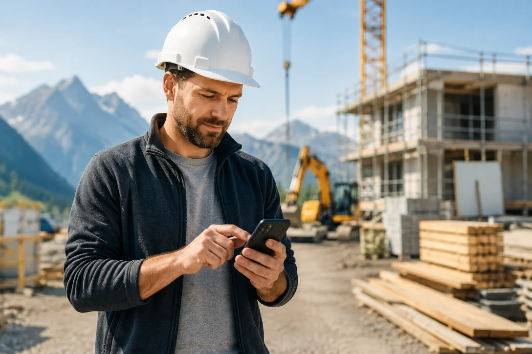 Person erfasst unterwegs Arbeitszeit am Smartphone