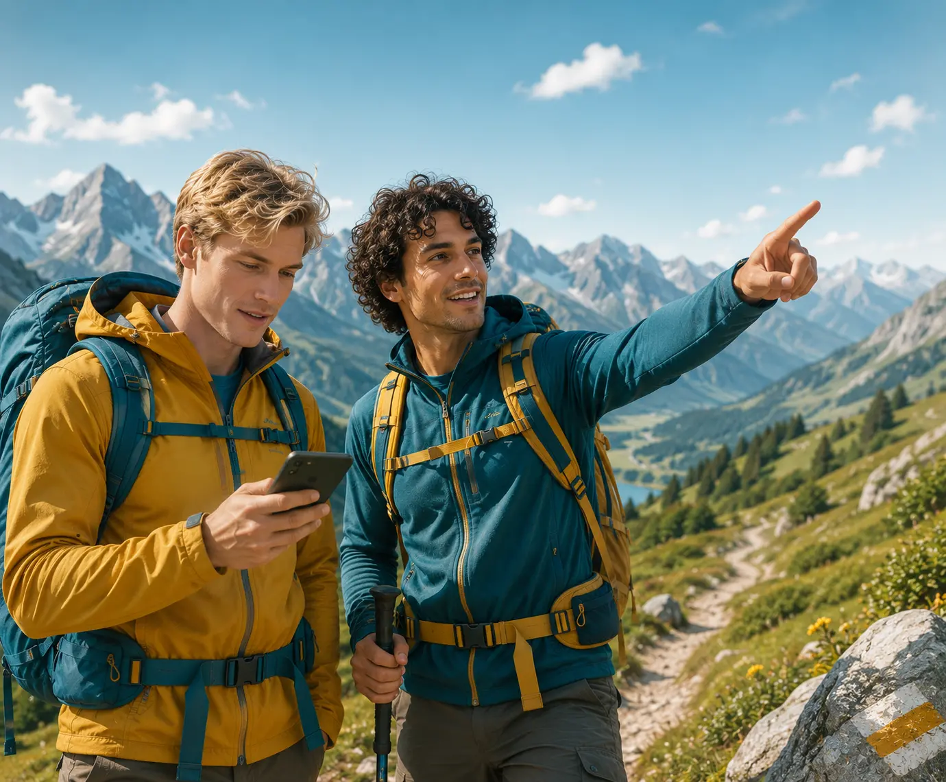 Zwei Wanderer die nach einer Route auf dem Smartphone suchen