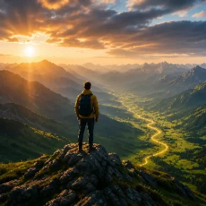 Eine Person steht auf einem Felsvorsprung und schaut ins Tal bei Sonnenuntergang