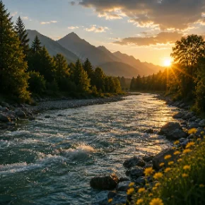 Ein Fluß mit Bäumen am Rand und Bergen im Hintergrund bei Sonnenuntergang