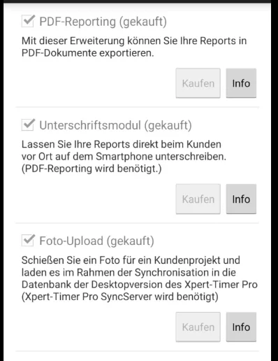 Screenshot des Xpert-Timer Auswahlmenüs für Zusatzmodule